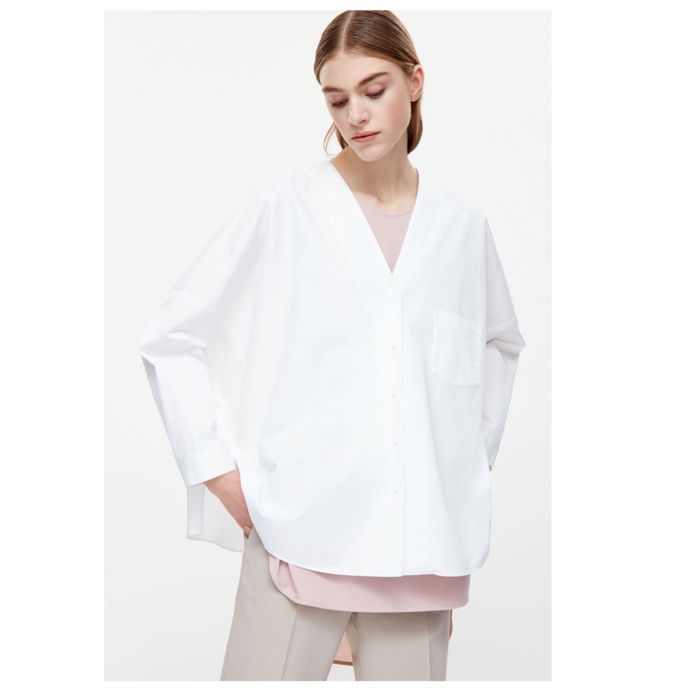 Cos White Oversized V-Neck Button Down Shirt